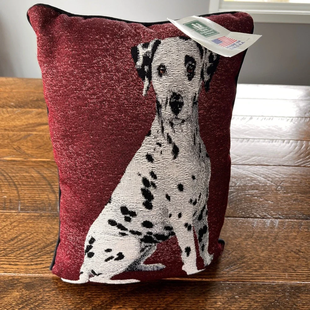 Manual Woodworkers Dalmatian Dog Jacquard Woven Throw Pillow Burgundy Red USA